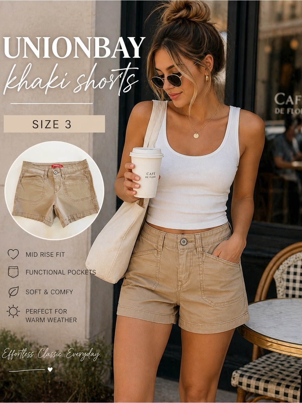 Unionbay Khaki Shorts Size 3 Mid Rise Casual Utility Pockets Tan